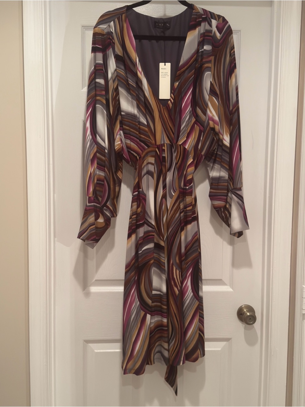 Igigi Multicolor Swirl Long Sleeve Wrap Dress - Pink, Brown & Gold